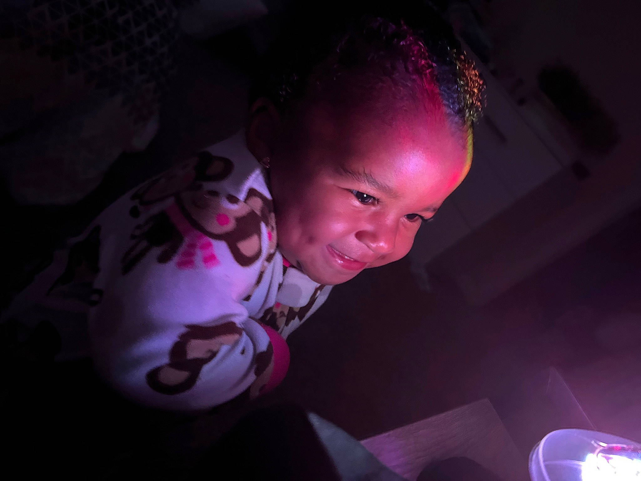 Leiana is registered to the contest to win money with this photo: baby, child, darkness, electric_blue, flash_photography, fun, happy, magenta, night, person, pink, plant, portrait_photography, purple, room, sitting, sky, smile, space, toddler