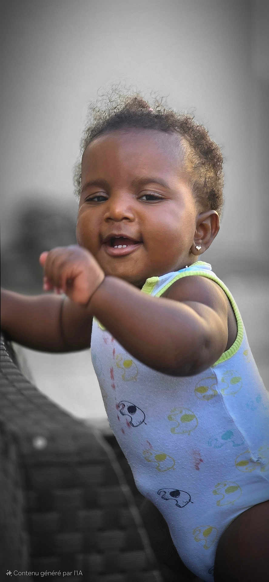 Kléwène a rejoint le concours — aidez-le/la à gagner de superbes lots ! arm, baby, child, closeup, curly_hair, cute, earrings, expression, face, happy, indoor, infant, onesie, patterned_clothing, person, portrait, skin, smiling, wicker_chair, young_child