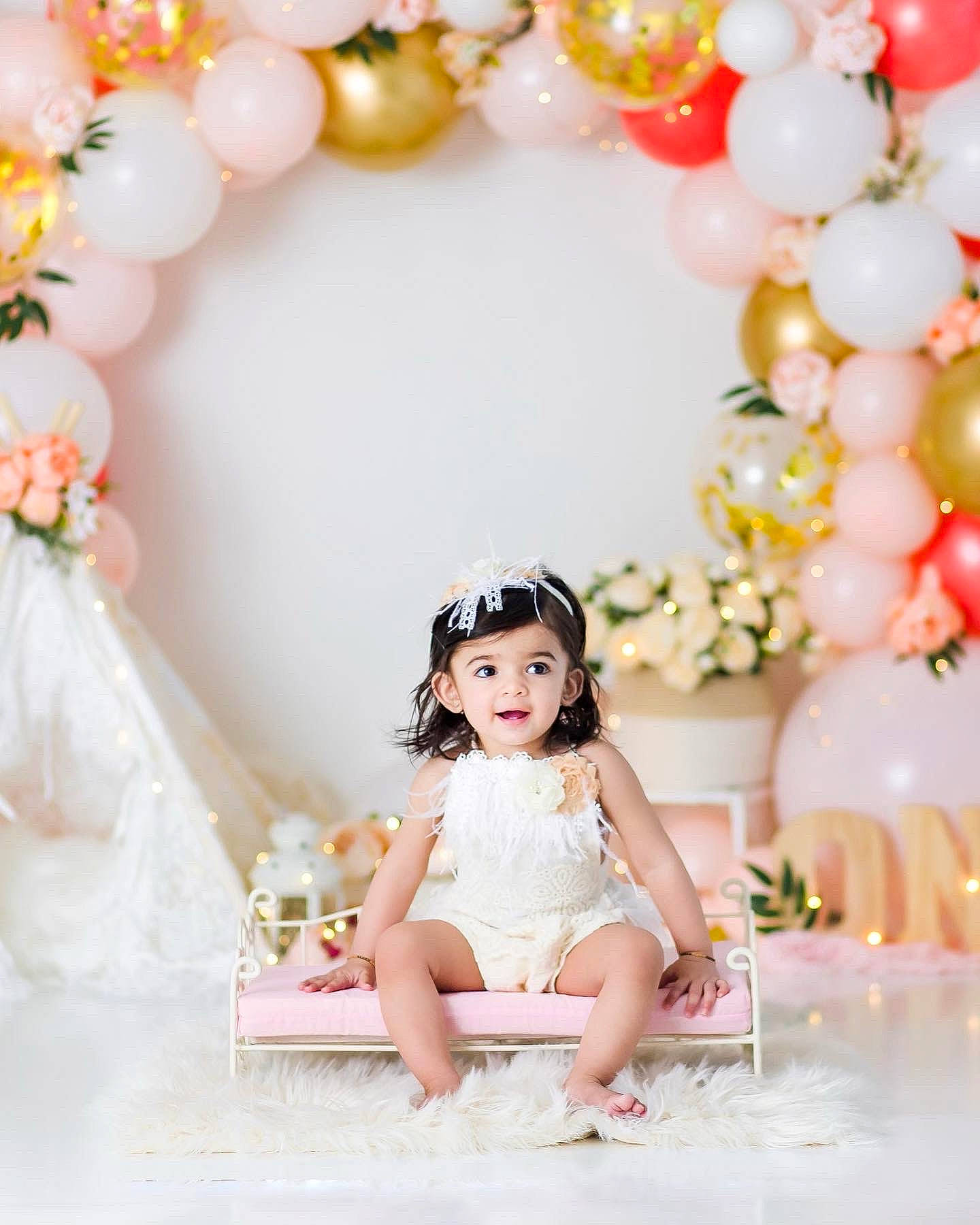 Anaya is registered to the contest to win money with this photo: balloon, beauty, clothing, decoration, doll, dress, event, fashion, hairstyle, happy, headwear, party_supply, peach, person, petal, photograph, pink, plant, snapshot, sweetness
