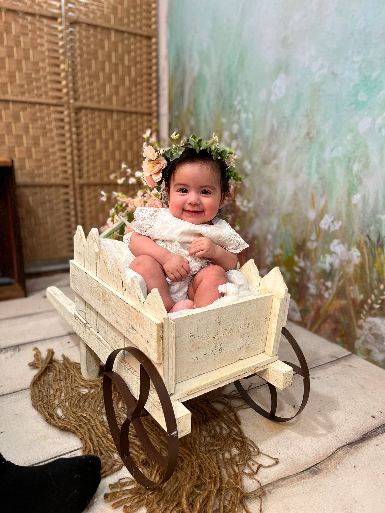 Sophia Rose is registered to the contest to win money with this photo: baby, baby_products, baby_toddler_clothing, chair, child, flash_photography, hair_accessory, happy, headpiece, joy, peach, people_in_nature, person, plant, portrait_photography, sitting, smile, stock_photography, toddler, vintage_clothing