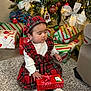 Isabella is registered to the contest to win money with this photo: carpet, celebration, child, christmas_tree, cute, festive_clothing, floor, gift_box, hat, holiday, holiday_decor, home, indoor, ornaments, presents, red_dress, ribbons, seasonal, smiling, toddler