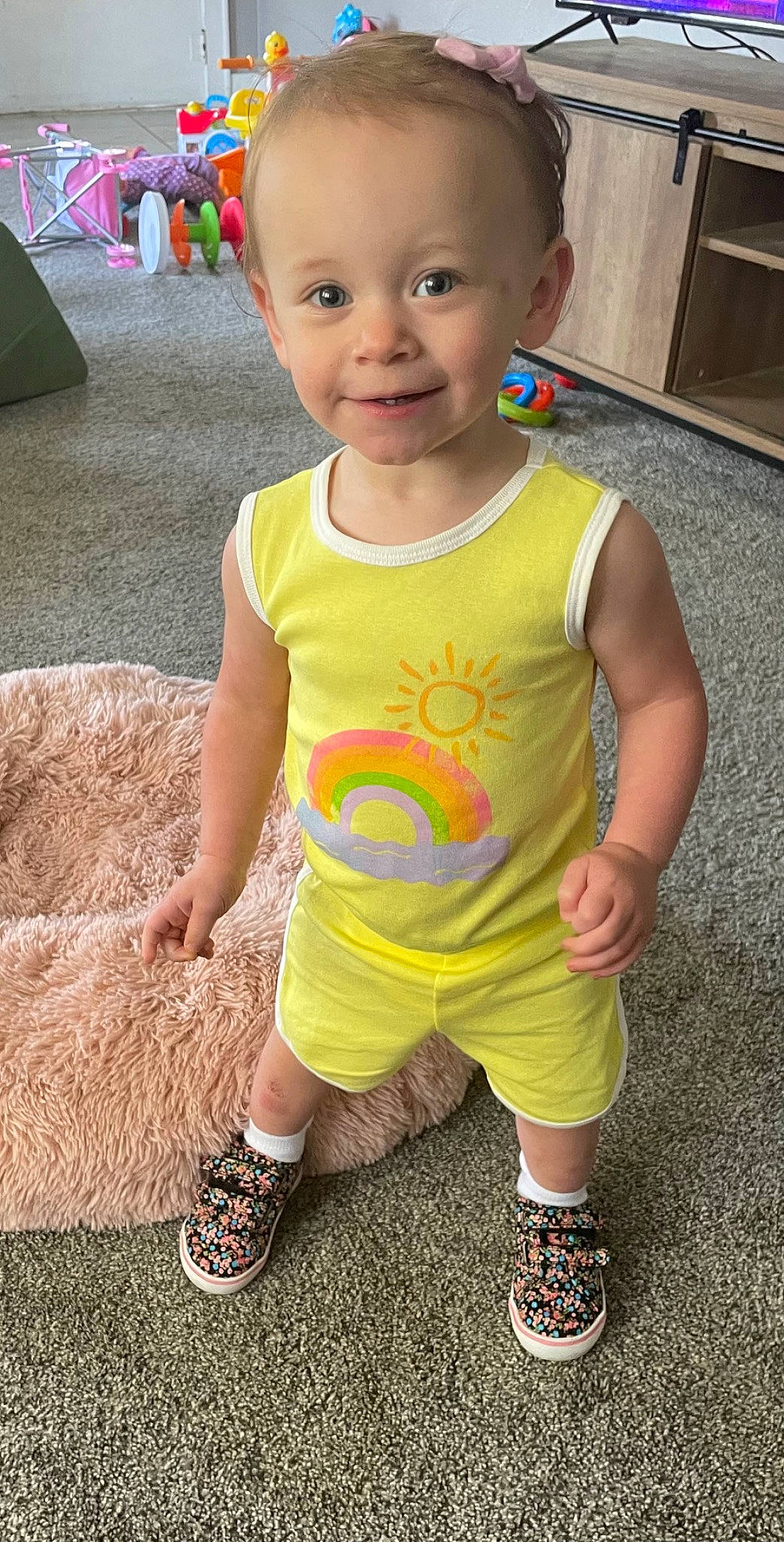 Oakley joined the competition — help win amazing prizes! baby, baby_toddler_clothing, cheek, child, face, flooring, fun, grass, hairstyle, happy, human_leg, joy, person, pink, sandal, sleeve, sleeveless_shirt, smile, summer, t_shirt