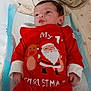 Emmy participe au concours pour gagner de l'argent avec cette photo : baby, infant, christmas_outfit, red_clothing, santa_claus, reindeer, blanket, changing_pad, bed, soft_toys, face, head, person, indoors, clothing, cute, lying_down, holiday, festive, newborn