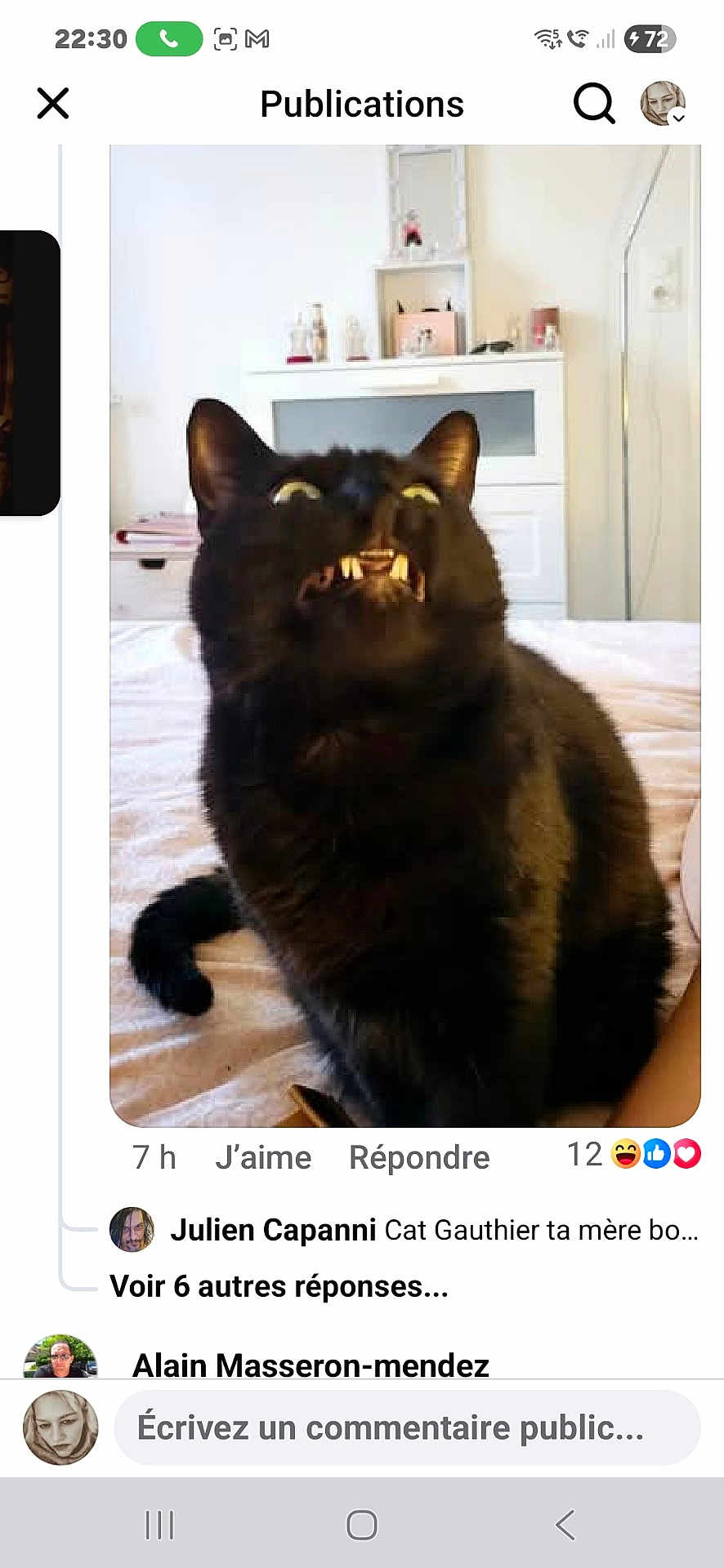 Satine a rejoint le concours — aidez-le/la à gagner de superbes lots ! black_cat, cat, animal, pet, indoor, bed, furniture, white, teeth, wide_eyes, looking_up, room, cozy, funny_expression, domestic, mammal, fur, whiskers, tail, household