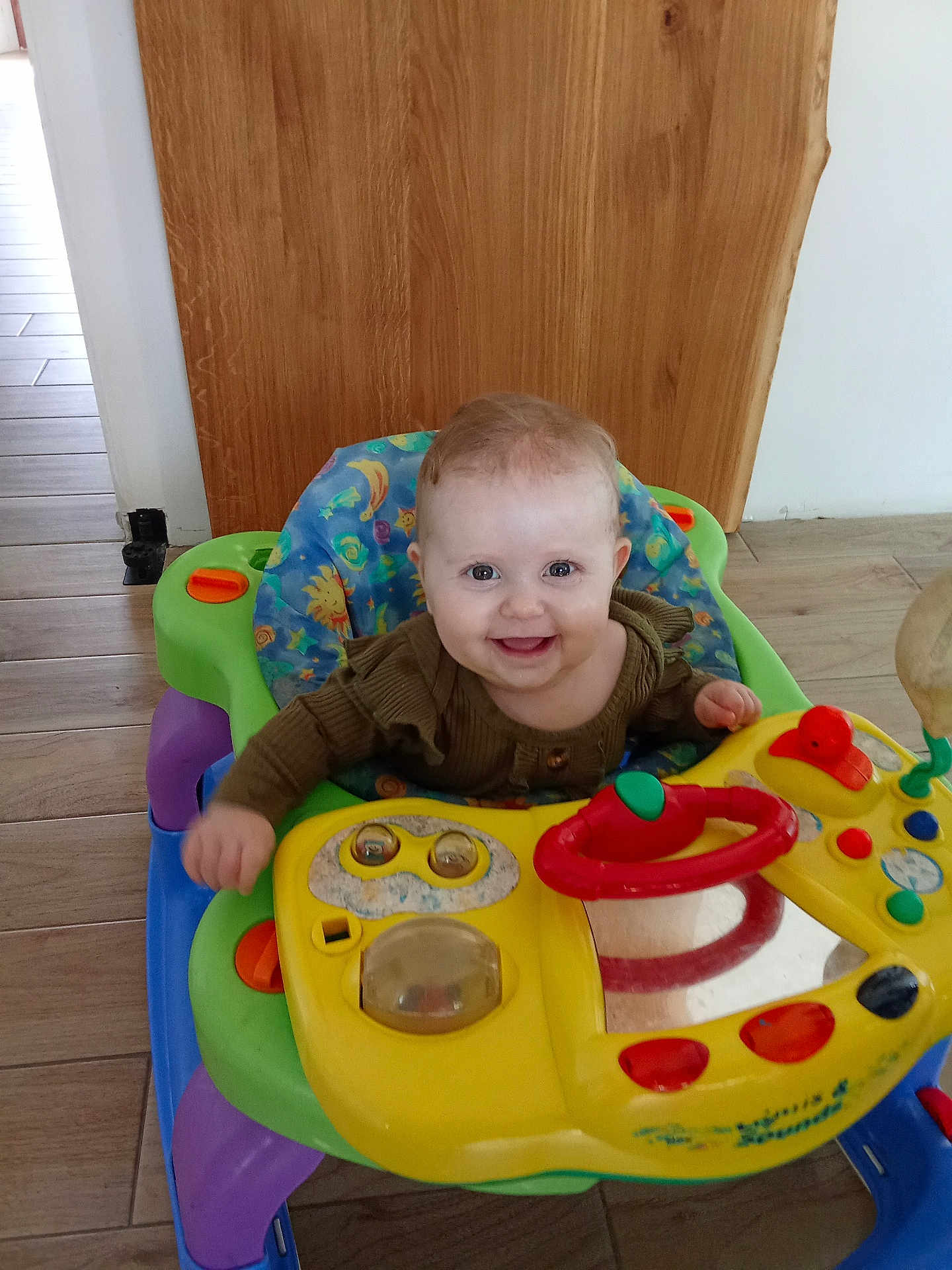 Jenny participe au concours pour gagner de l'argent avec cette photo : baby, child, smile, walker, toy, indoor, floor, wooden_floor, wooden_wall, colorful, happy, person, clothing, play, infant, seat, face, expression, young, cute