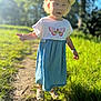 toddler, child, hat, dress, butterfly, outdoor, sunlight, grass, path, sandals, nature, portrait, summer, daylight, smiling, person, cute, young, walking, greenery