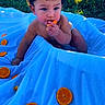 baby, blue, child, citrus, curly_hair, cute, eating, fence, fruit, garden, inflatable_pool, orange, outdoor, pool, portrait, sitting, snack, summer, sunlight, toddler