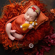 Ember joined the competition — help win amazing prizes! baby, newborn, swaddled, orange_wrap, pillow, blanket, stuffed_toy, yellow_fox, sleeping, headband, flower_headband, curly_blanket, autumn_leaves, soft_lighting, portrait, infant, peaceful, cozy, indoor, cute