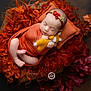 baby, newborn, swaddled, orange_wrap, pillow, blanket, stuffed_toy, yellow_fox, sleeping, headband, flower_headband, curly_blanket, autumn_leaves, soft_lighting, portrait, infant, peaceful, cozy, indoor, cute