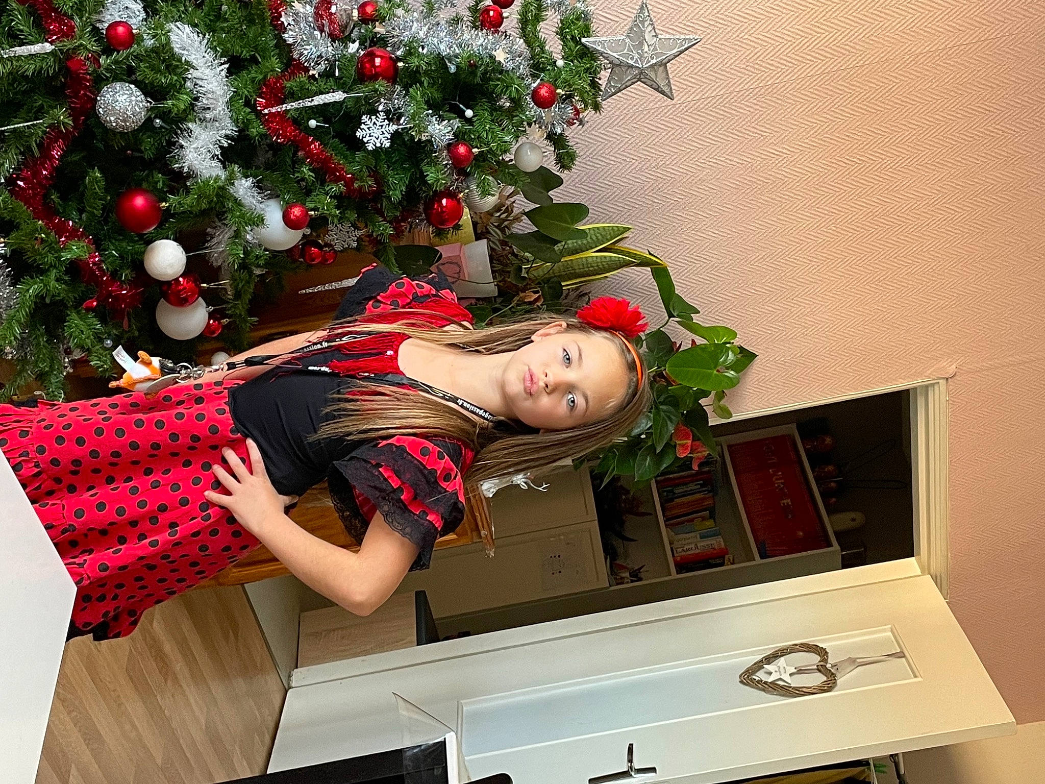 Noelyne a rejoint le concours — aidez-le/la à gagner de superbes lots ! carmine, christmas, christmas_decoration, christmas_eve, christmas_ornament, christmas_tree, conifer, dress, event, floral_design, holiday, holiday_ornament, human_leg, lap, ornament, person, plant, room, rose_family, thigh