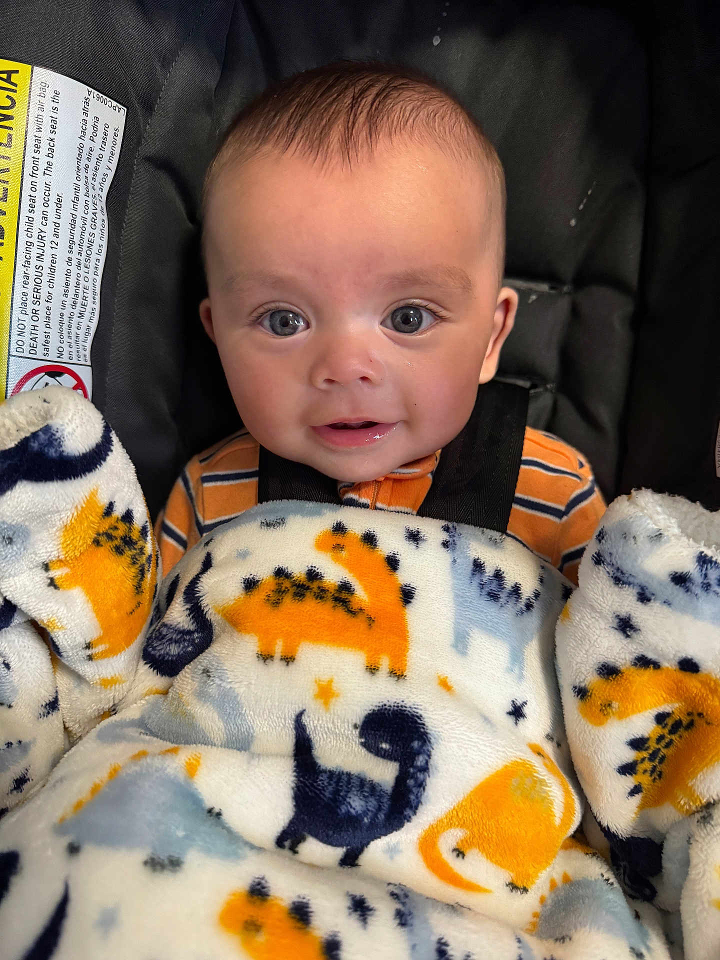 Amari is registered to the contest to win money with this photo: baby, infant, blanket, car_seat, dinosaur_pattern, clothing, face, smile, eyes, hair, seatbelt, warning_label, indoor, child, cute, portrait, young_child, soft_texture, happy, closeup