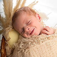 Noham participe au concours pour gagner de l'argent avec cette photo : baby, sleeping, blanket, knitwear, lace, pillow, pampas_grass, chair, soft_texture, portrait, infant, peaceful, cozy, closeup, head, face, resting, warm_colors, natural_light, indoor