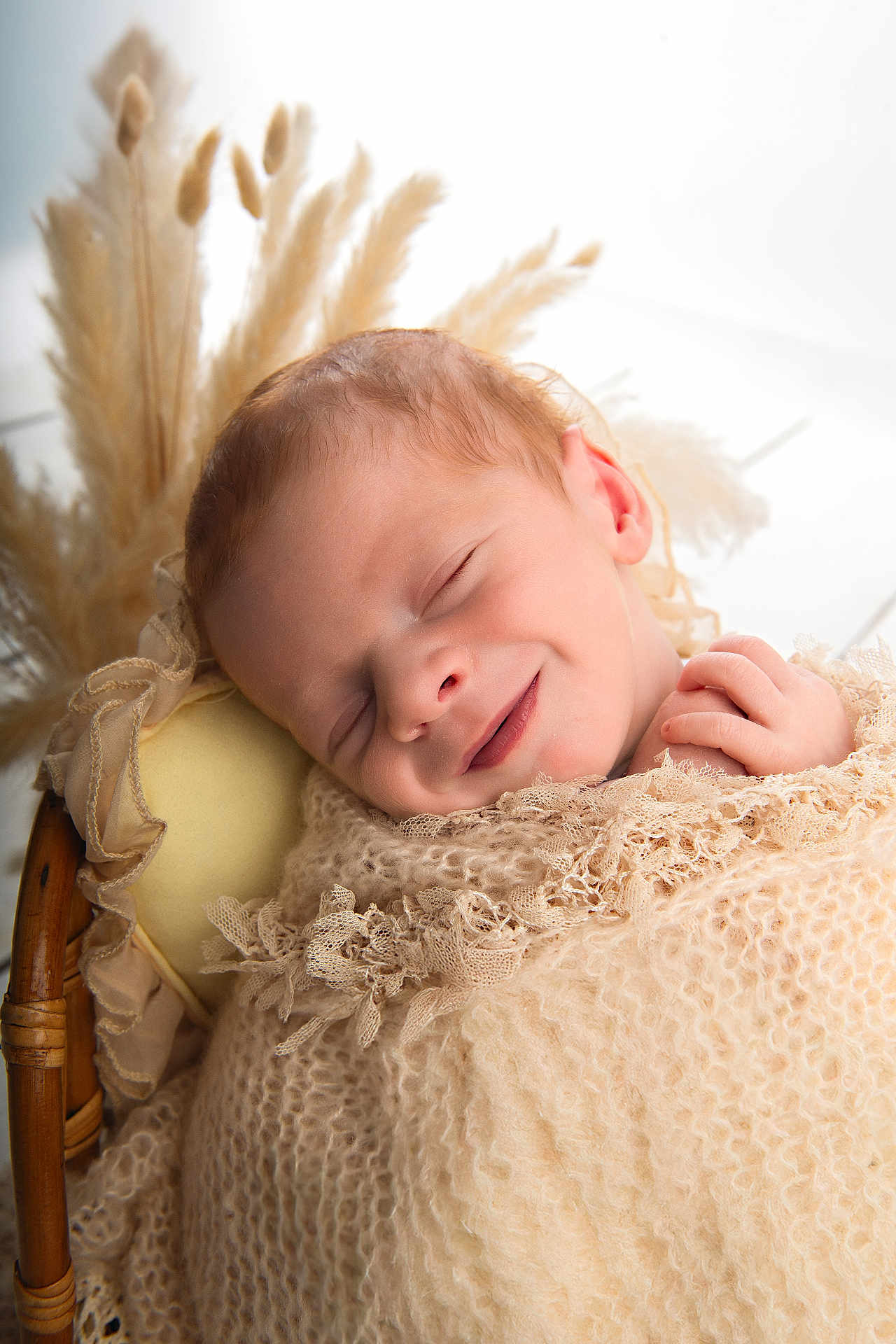 Noham participe au concours pour gagner de l'argent avec cette photo : baby, sleeping, blanket, knitwear, lace, pillow, pampas_grass, chair, soft_texture, portrait, infant, peaceful, cozy, closeup, head, face, resting, warm_colors, natural_light, indoor