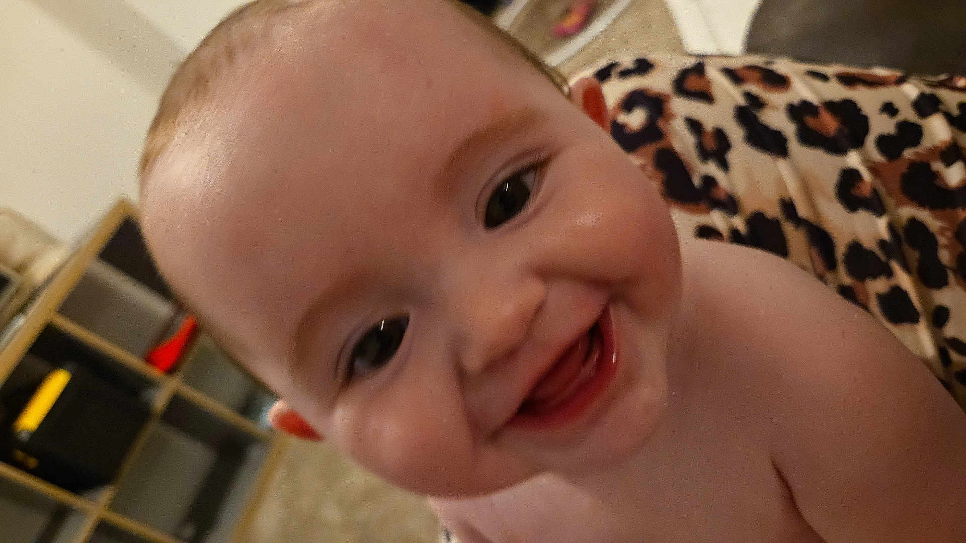 Violet joined the competition — help win amazing prizes! baby, smile, close_up, face, indoor, child, happy, skin, expression, cheeks, teeth, person, blanket, furniture, shelf, leopard_print, cute, infant, tongue, portrait