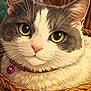 Mamas joined the competition — help win amazing prizes! cat, pet, basket, close_up, portrait, yellow_eyes, gray_and_white_fur, whiskers, collar, bell, pink_nose, ears, fur_texture, weaving, cozy, indoor, illustration, stylized_art, cute, large_eyes