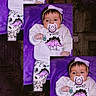 baby, child, infant, portrait, collage, purple_blanket, pacifier, bow_headband, dinosaur_clothing, long_sleeves, patterned_pants, lying_down, indoors, close_up, face, eyes, hair, cute, colorful, photography