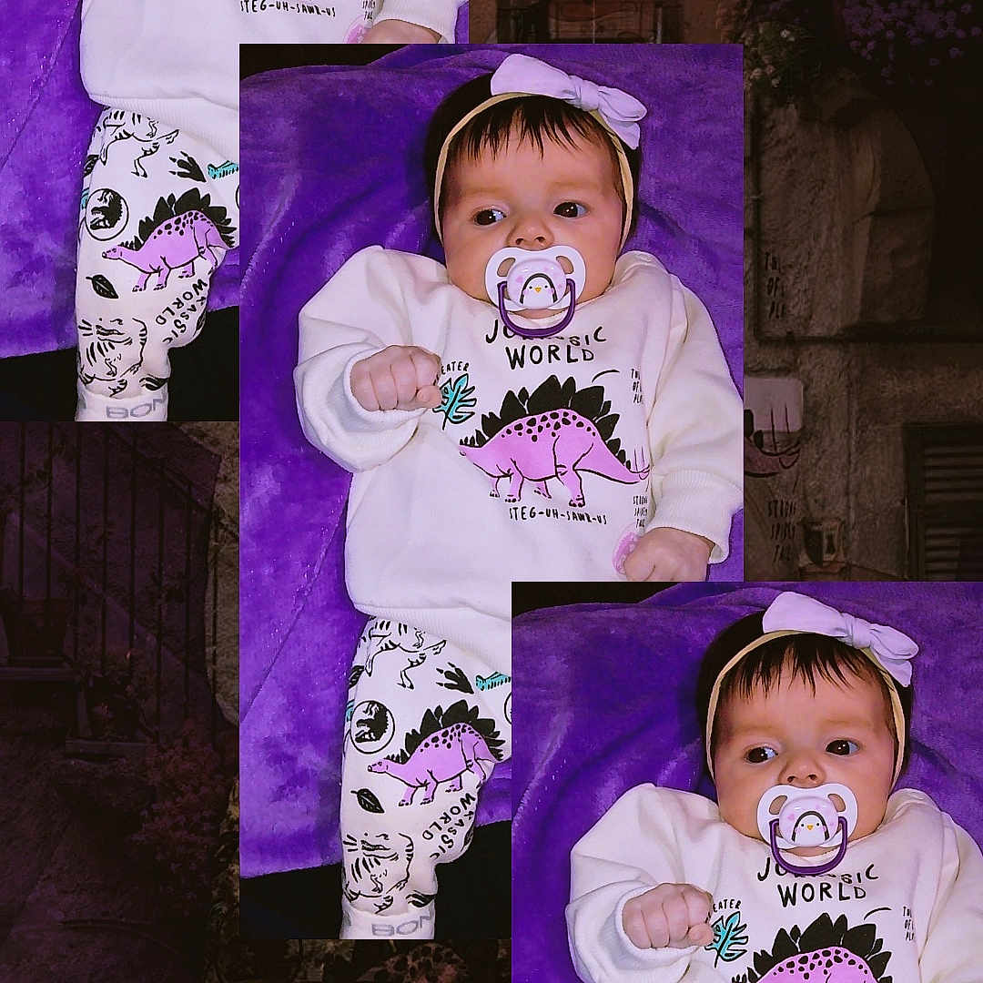 Amelia joined the competition — help win amazing prizes! baby, child, infant, portrait, collage, purple_blanket, pacifier, bow_headband, dinosaur_clothing, long_sleeves, patterned_pants, lying_down, indoors, close_up, face, eyes, hair, cute, colorful, photography