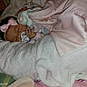 baby, infant, sleeping, blanket, bed, pacifier, plush_toy, stuffed_animal, pink, white, bow, clothing, nursery, cozy, portrait, indoor, bedding, cuddled, resting, photograph
