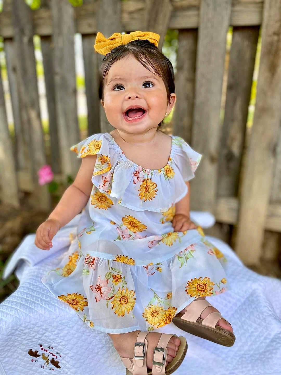 Brielle is registered to the contest to win money with this photo: baby, baby_toddler_clothing, child, costume, day_dress, dress, event, fun, happy, magenta, necklace, pattern, peach, person, pink, purple, sleeve, smile, toddler, white