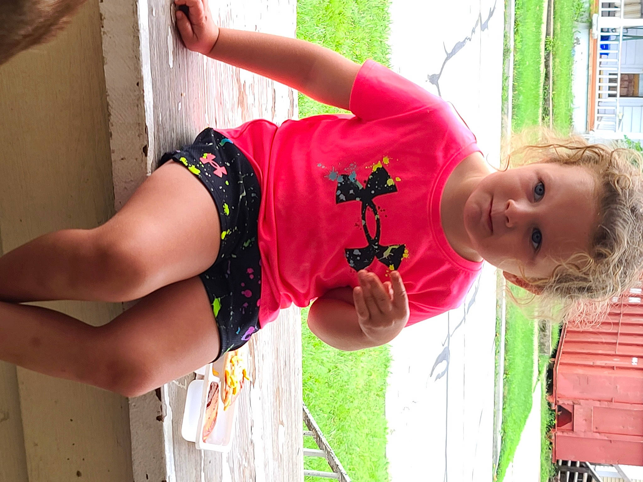 Jade is registered to the contest to win money with this photo: child, elbow, event, fun, grass, green, happy, human_leg, leisure, magenta, person, pink, plant, shorts, smile, summer, t_shirt, thigh, toddler, tree