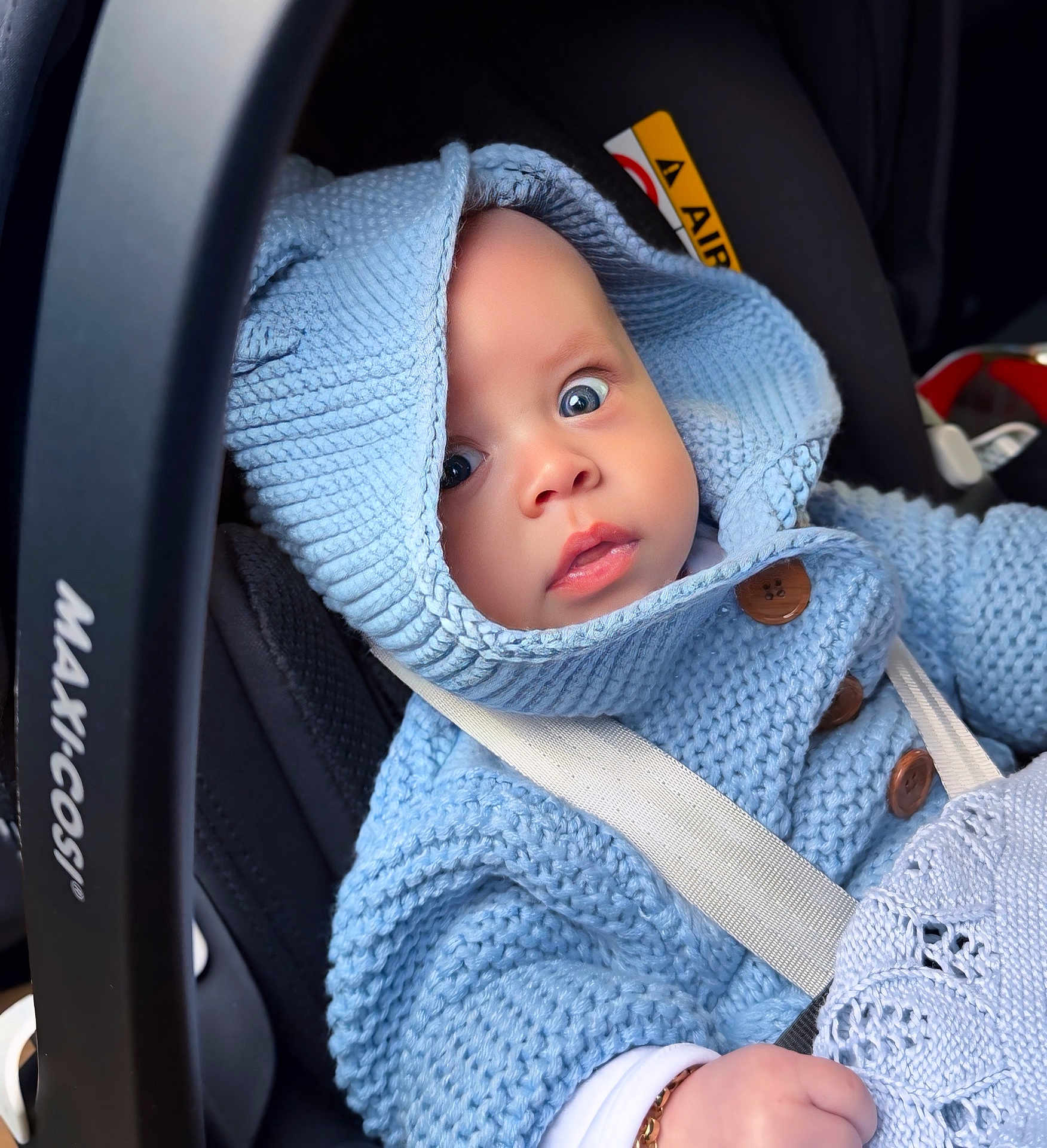 King joined the competition — help win amazing prizes! baby, child, car_seat, blue_hoodie, knitwear, wide_eyes, face, seatbelt, infant, portrait, clothing, button, hand, bracelet, car_interior, cute, warm_clothing, expression, close_up, sitting