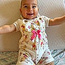 Kimiya is registered to the contest to win money with this photo: baby, child, smiling, overalls, winnie_the_pooh, pink_bow, arms_outstretched, lying_down, blanket, patterned_blanket, cute, happy, indoor, infant, clothing, face, portrait, skin, person, head