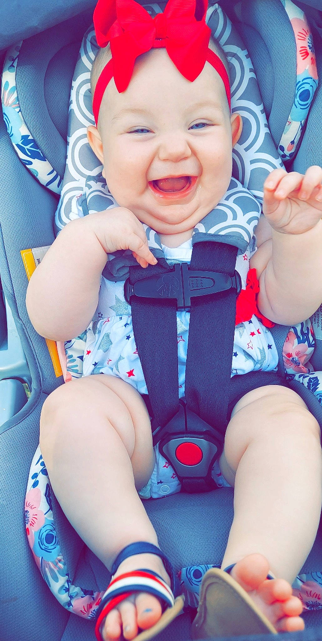 Evangeline joined the competition — help win amazing prizes! azure, baby, baby_laughing, baby_toddler_clothing, blue, cheek, face, facial_expression, finger, gesture, happy, headwear, leg, person, photograph, pink, product, skin, sleeve, smile