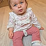 Mya Ladune a rejoint le concours — aidez-le/la à gagner de superbes lots ! baby, blue_eyes, casual_clothing, child, curious, cute, flooring, floral_top, home, indoor, looking_up, person, pigtails, pink_pants, portrait, sitting, toddler, white_shoes, wooden_floor, young_child