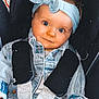 baby, child, denim_jacket, headband, car_seat, blue_eyes, straps, cute, infant, clothing, seatbelt, smile, portrait, young, fashion, casual, sitting, baby_fashion, face, child_seat