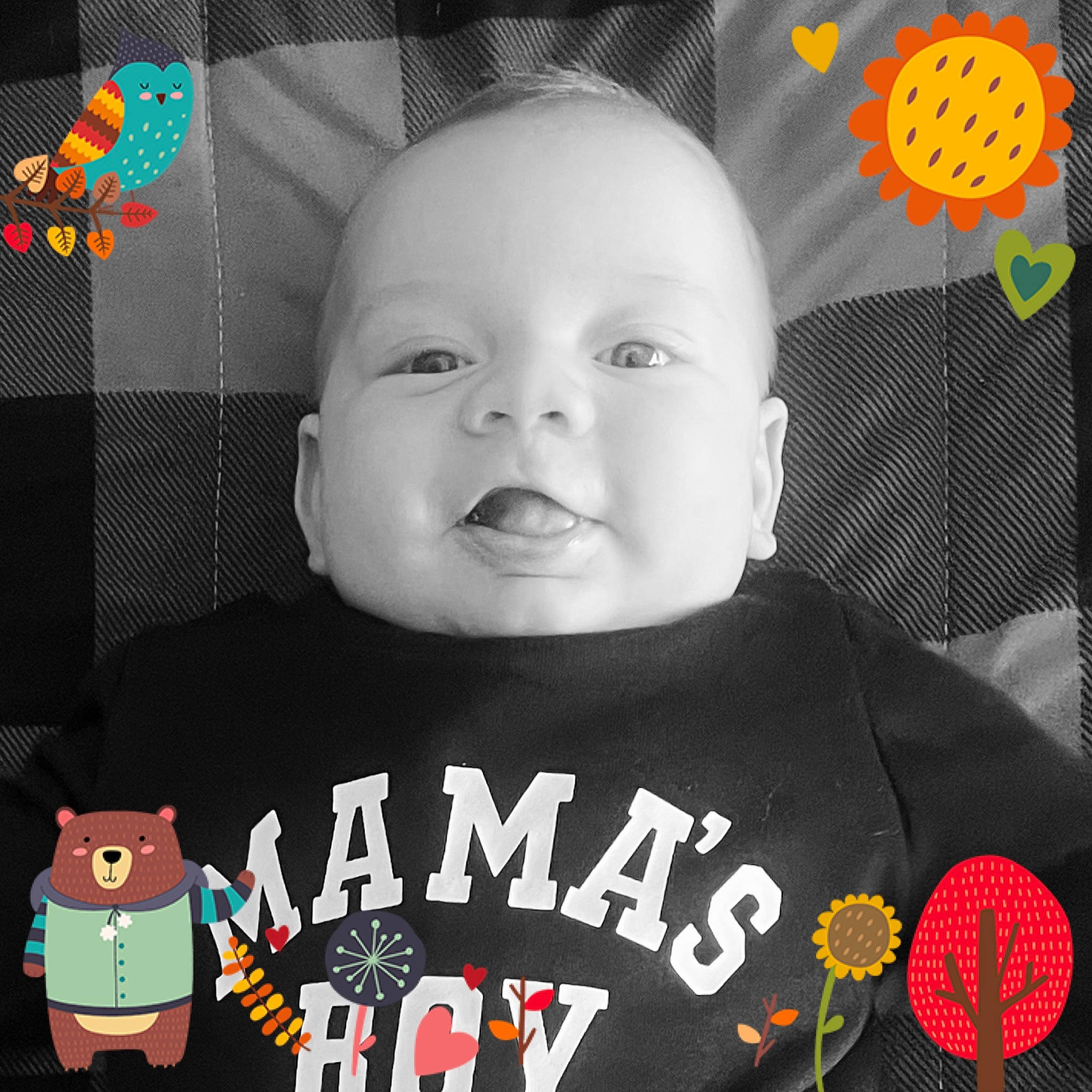 Luke joined the competition — help win amazing prizes! baby, baby_toddler_clothing, black, cheek, child, chin, cool, facial_expression, font, hairstyle, happy, logo, organ, person, photo_caption, product, sleeve, smile, t_shirt, toddler