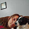 Karma joined the competition — help win amazing prizes! affection, animal, black_and_white_dog, bond, casual, closeup, comfort, couch, cozy, dog, face, friendship, home, human, indoor, pet, portrait, relaxation, seated, woman