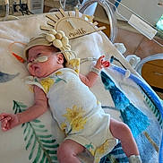 Emmalina joined the competition — help win amazing prizes! newborn, baby, hospital, incubator, medical_tubes, floral_onesie, knitted_hat, flower, blanket, leaf_pattern, monitoring_device, infant, patient, healthcare, cute, lying_down, one_month, hospital_room, medical_equipment, peaceful