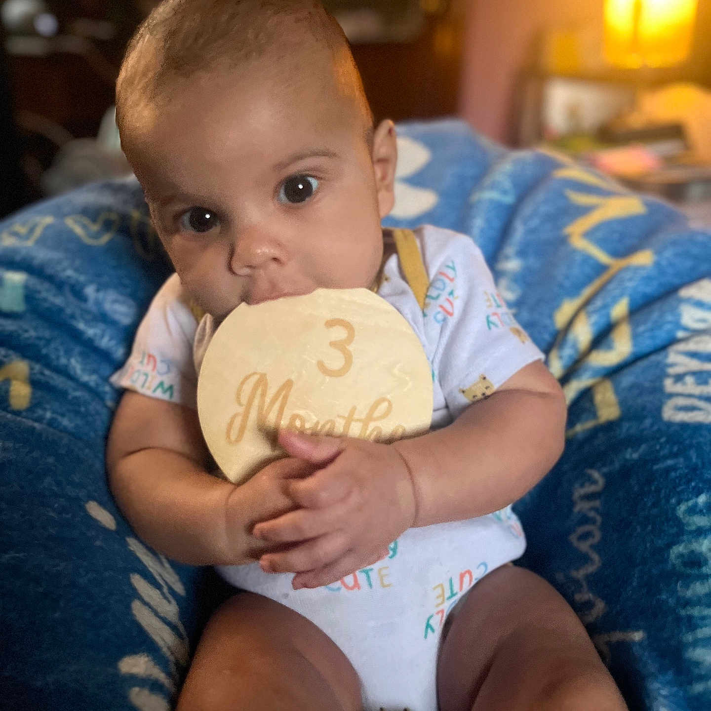 Deyvian is registered to the contest to win money with this photo: baby, blanket, blue_blanket, child, clothing, cute, expression, face, hands, indoors, infant, legs, onesie, plaque, portrait, room, sitting, soft_texture, warm_lighting, wooden_sign