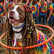 Ladybug is registered to the contest to win money with this photo: dog, festival, concert, woodstock, tie_dye, colorful, dreadlocks, flowers, peace_sign, hoop, outdoor, crowd, stage, musicians, sunset, grass, costume, fashion, portrait, happy
