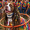 dog, festival, concert, woodstock, tie_dye, colorful, dreadlocks, flowers, peace_sign, hoop, outdoor, crowd, stage, musicians, sunset, grass, costume, fashion, portrait, happy