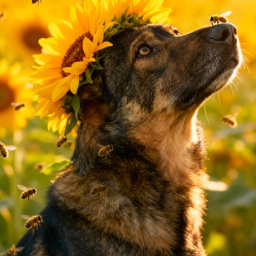 Dimi participe au concours pour gagner de l'argent avec cette photo : animal, bee, close_up, crown, dog, flower_field, fur, garden, gaze, golden_hour, head_wreath, nature, outdoors, pet, pollinator, portrait, serene, sunflower, sunlight, yellow