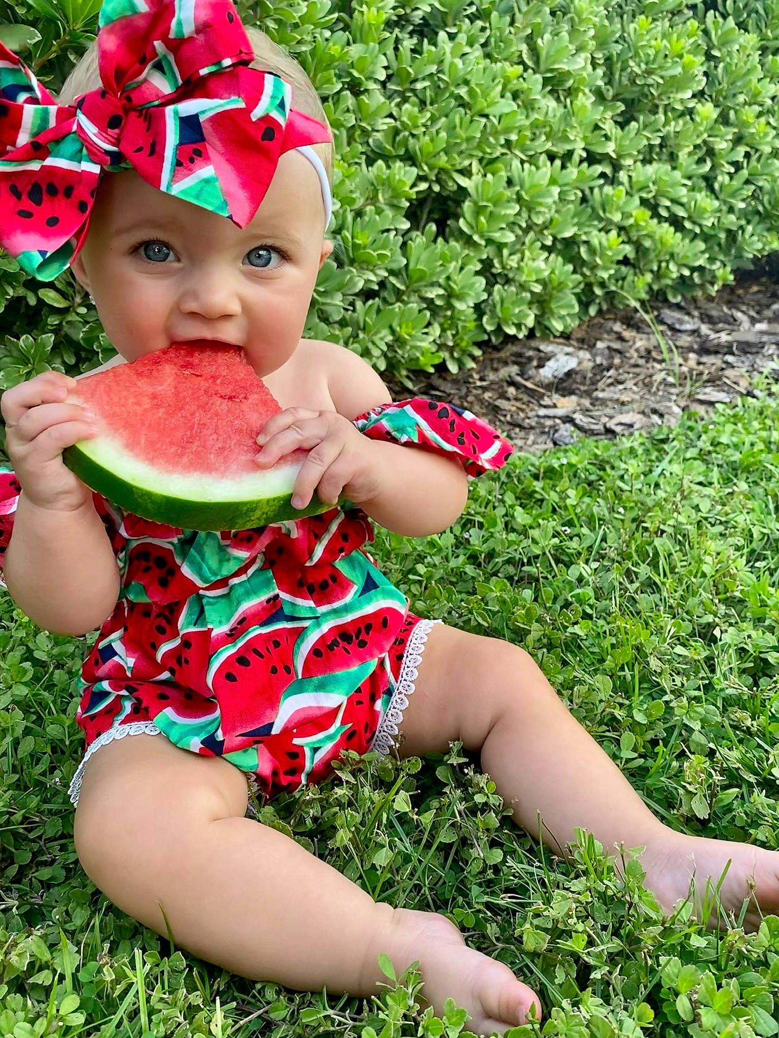 Gracie Mae joined the competition — help win amazing prizes! _and_melon_family, _gourd, baby, child, citrullus, cucumber, eating, fruit, grass, headgear, headwear, leaf, melon, person, plant, play, shrub, sitting, smile, summer