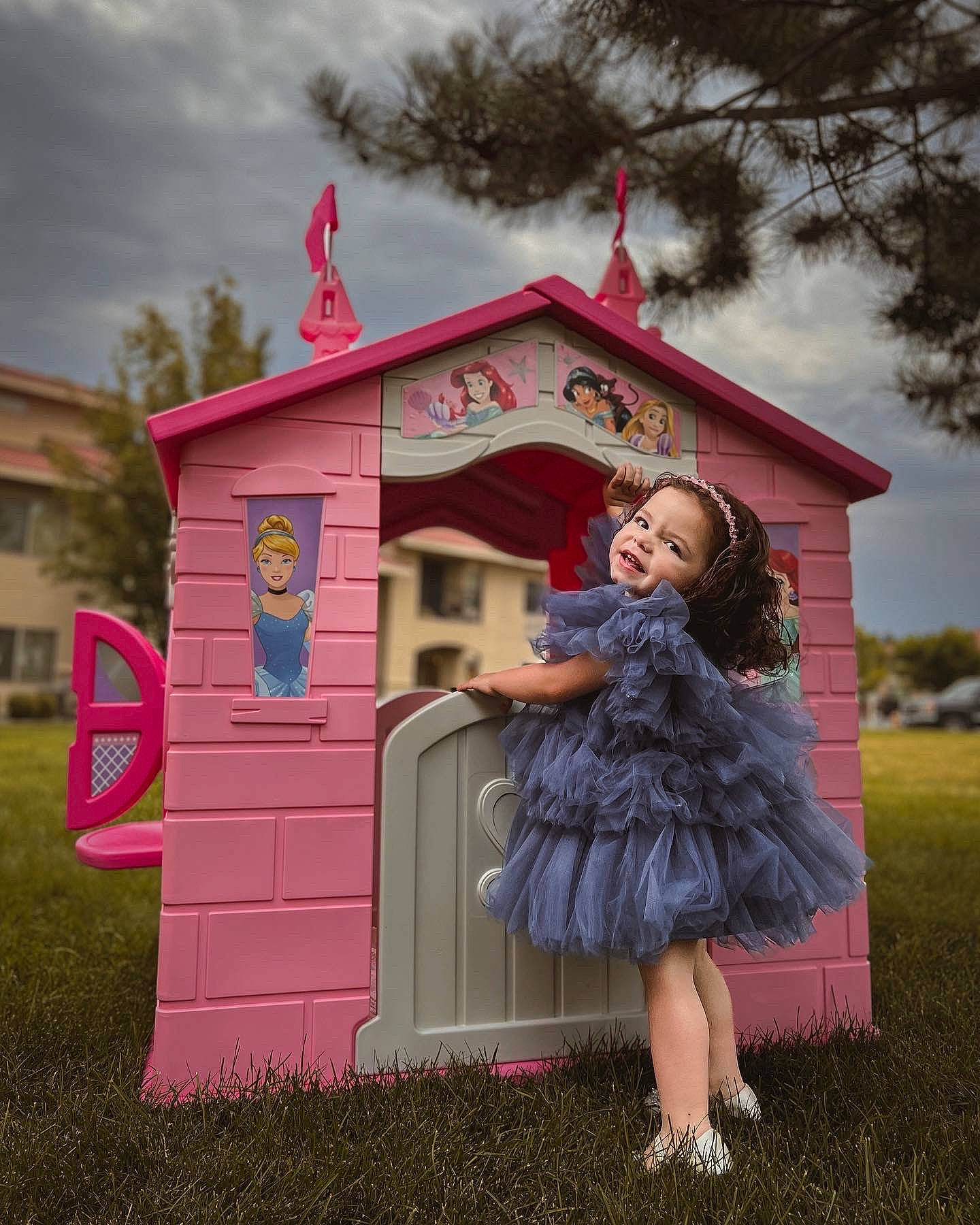 Mariana is registered to the contest to win money with this photo: building, cloud, flag, fun, fur, garden_buildings, grass, happy, home, house, leisure, outdoor_structure, person, pink, plant, pole, public_space, recreation, sky, tree