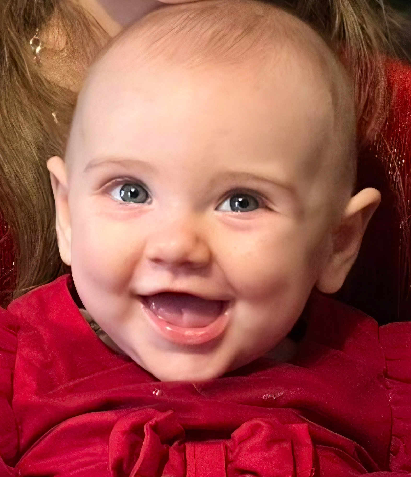 Joy participe au concours pour gagner de l'argent avec cette photo : baby, child, smile, happy, face, portrait, red_dress, cute, young, infant, closeup, eyes, cheeks, tongue, laughing, clothing, human, skin, head, expression