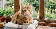 Luna participe au concours pour gagner de l'argent avec cette photo : animal, blanket, blurred_background, cat, cozy, cute, feline, fur, garden, green_eyes, indoor, nature, pet, plant, potted_plant, resting, succulent, tabby_cat, window, wooden_window_frame