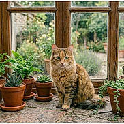 Luna participe au concours pour gagner de l'argent avec cette photo : cat, tabby_cat, potted_plants, terracotta_pots, succulents, ferns, cactus, window, windowsill, garden, plants, greenery, outdoor, nature, stone_surface, wooden_frame, pet, animal, indoor_garden, cozy