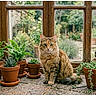 cat, tabby_cat, potted_plants, terracotta_pots, succulents, ferns, cactus, window, windowsill, garden, plants, greenery, outdoor, nature, stone_surface, wooden_frame, pet, animal, indoor_garden, cozy