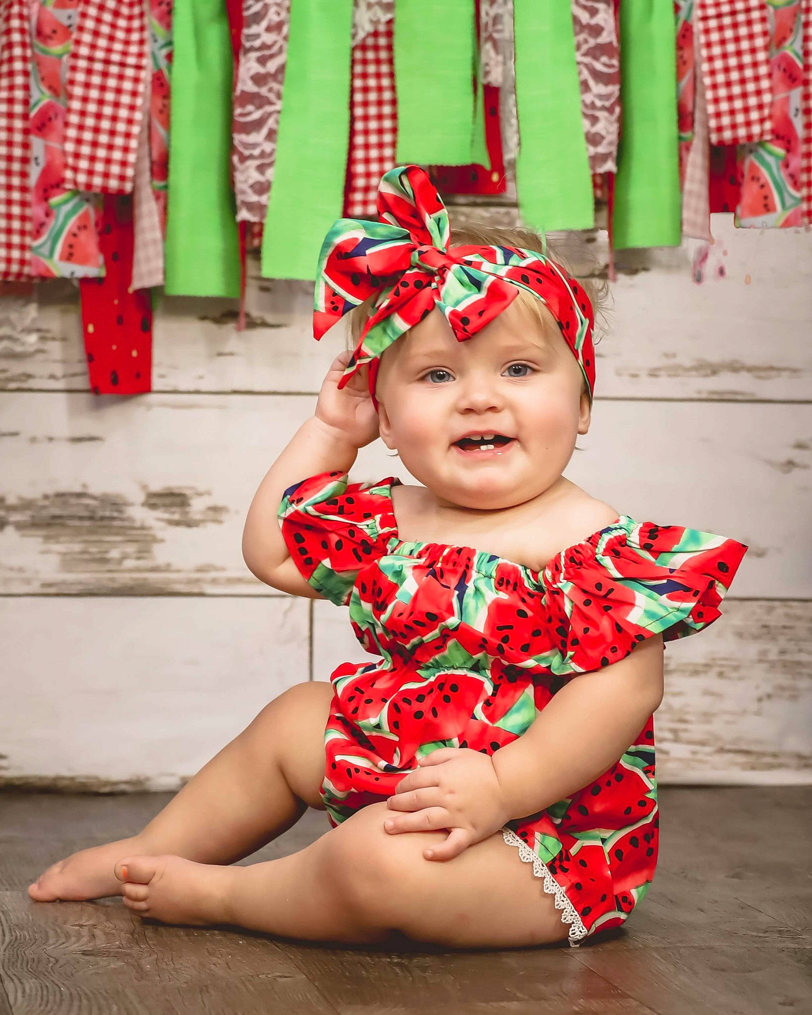 Addalynn joined the competition — help win amazing prizes! baby_toddler_clothing, beauty, child, dress, event, face, fashion_accessory, fun, green, happy, head, headpiece, headwear, magenta, pattern, person, pink, red, sitting, smile