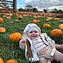 autumn, baby, child, cute, fall, field, grass, greenery, happy, hat, infant, jacket, nature, outdoor, pacifier, person, pumpkin, pumpkin_patch, seasonal, smiling