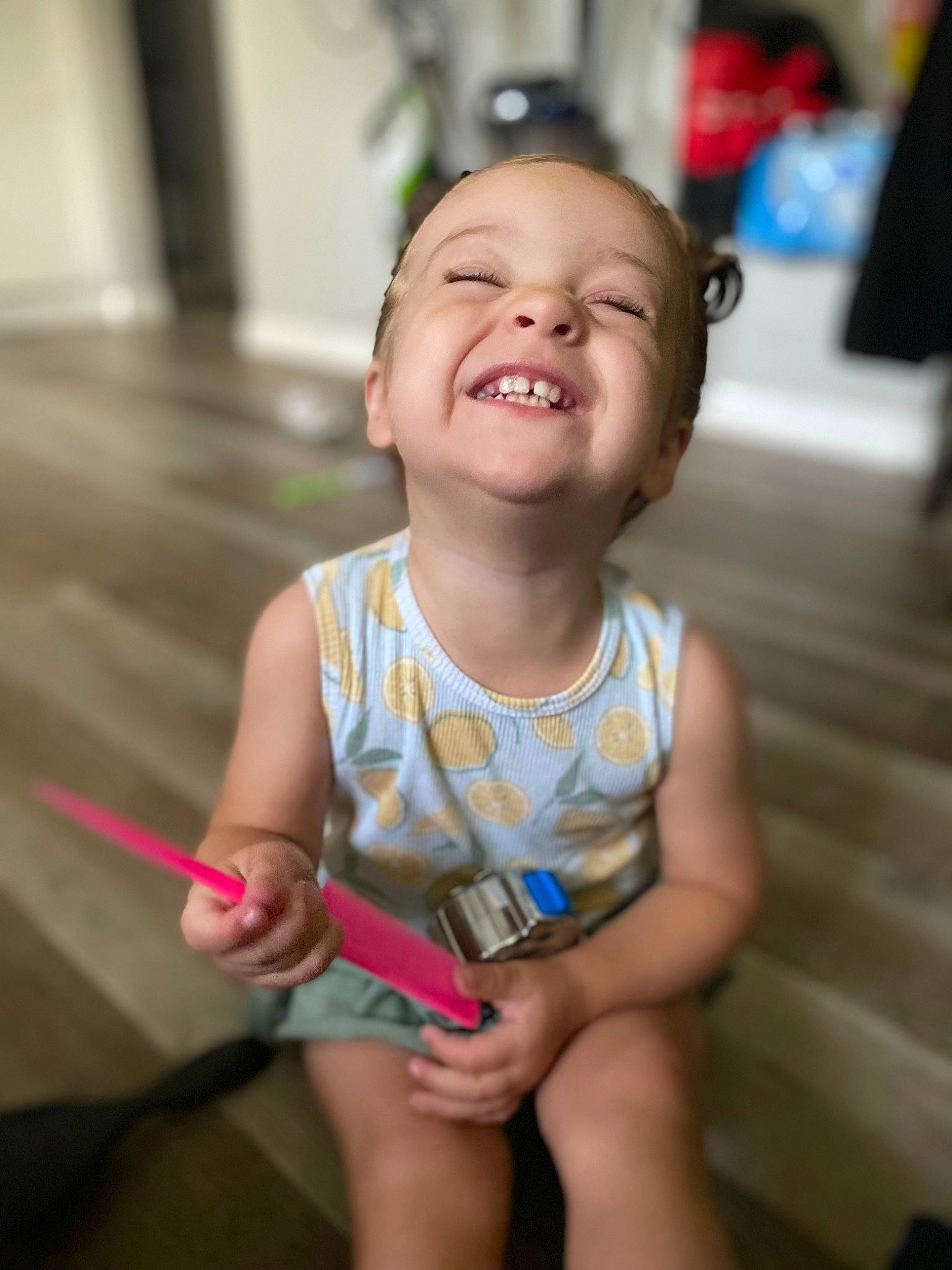 Brynn joined the competition — help win amazing prizes! baby, baby_toddler_clothing, cheek, dress, eye, face, facial_expression, finger, flooring, fun, hairstyle, happy, head, iris, joy, leisure, person, skin, smile, standing