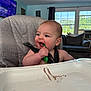 baby, chewing, child, couch, daytime, dog, furniture, high_chair, home, indoor, light, living_room, pattern, person, playful, seatbelt, smiling, spoon, television, window
