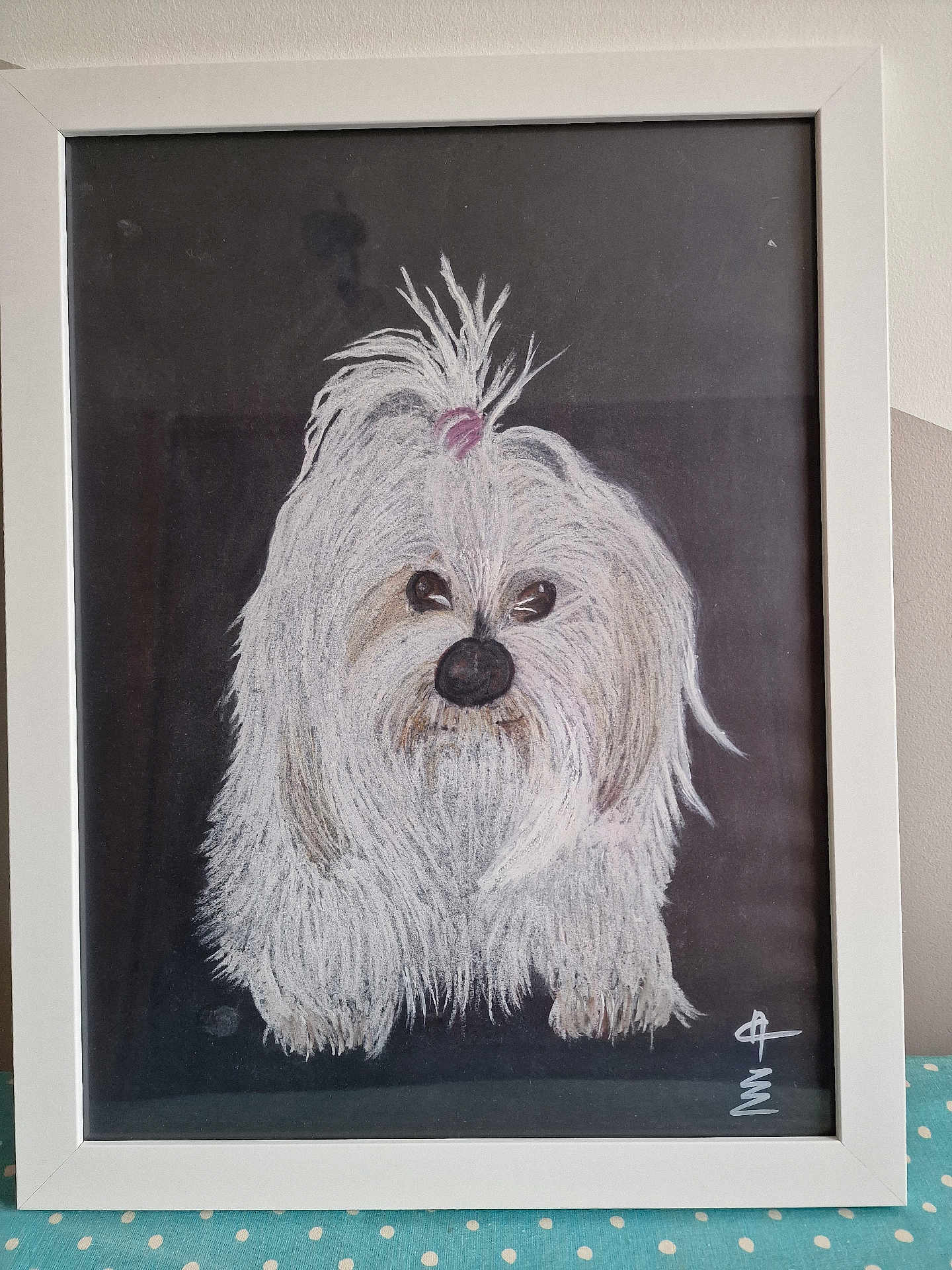 Gaia participe au concours pour gagner de l'argent avec cette photo : drawing, dog, artwork, pastel, framed, white_fur, hair_tie, portrait, signature, black_background, fluffy, animal_art, pet_art, illustration, table_surface, polka_dot, indoor, decor, frame, art