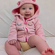 Amy is registered to the contest to win money with this photo: baby, infant, pink_hoodie, smiling, sitting, couch, soft_fabric, cute, child, hood, happy, face, legs, feet, zipper, indoor, light_skin, casual_clothing, cozy, portrait