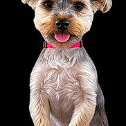 Leo is registered to the contest to win money with this photo: animal, black_background, collar, cute, dog, ears, eyes, fluffy, front_facing, fur, nose, pet, pink_collar, portrait, puppy, sitting, smiling, studio_style, terrier, tongue