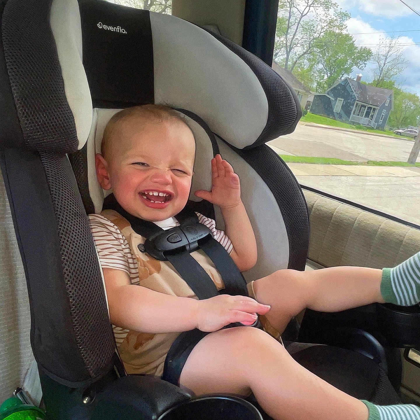 Asher is registered to the contest to win money with this photo: baby, car_interior, car_seat, child, clothing, cup_holder, cute, daylight, happy, person, playful, seat, seat_belt, smiling, striped_socks, toddler, transportation, trees, vehicle, window